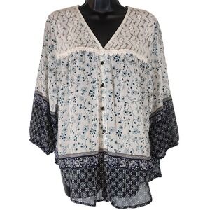Society Girl Floral Lace Blouse Button Down 3/4‎ Sleeve Top Bohemian BOHO Large